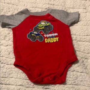 Red and Gray Baby Onesie with Monster Truck Design “Tough Like Daddy”